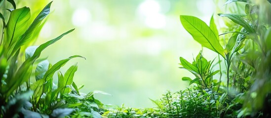 Obraz premium Lush indoor plants in a vibrant freshwater aquarium under LED lighting creating a serene green ambiance with space for text insertion