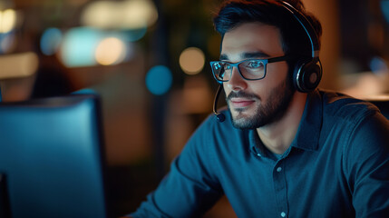 Friendly call center agent answering incoming calls with a headset, providing customer service remotely. Happy woman using her excellent communication skills to resolves customer issues.