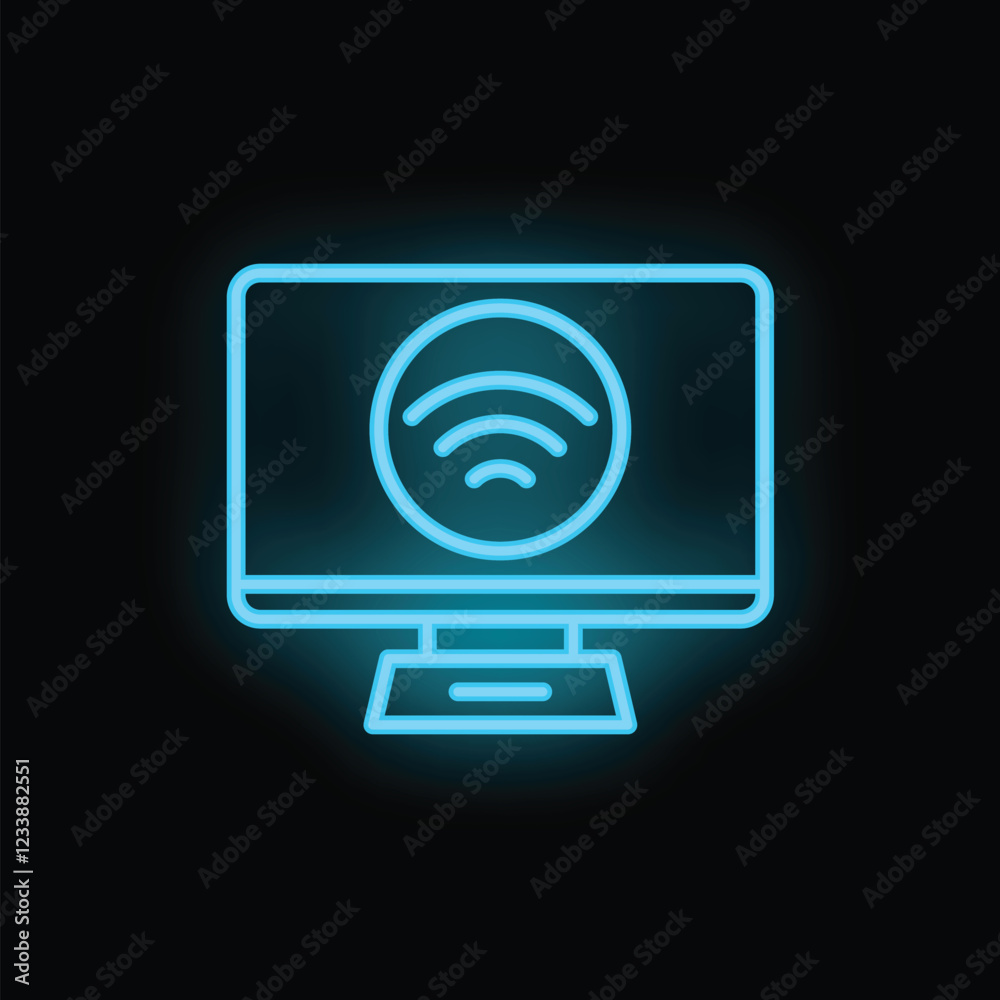 Poster neon computer monitor displaying wifi signal icon on black background