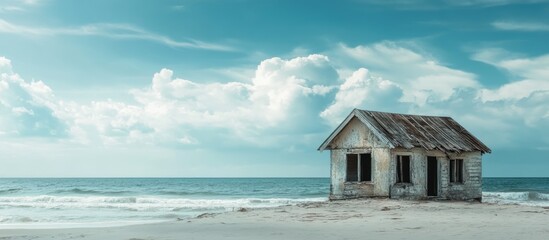 Abandoned beach house on sandy shore with cloudy sky in background and distant ocean waves Copy Space