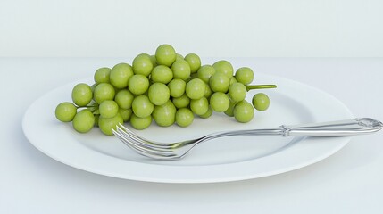 Green grapes on a white plate with a silver fork, ready to eat, against a white background
