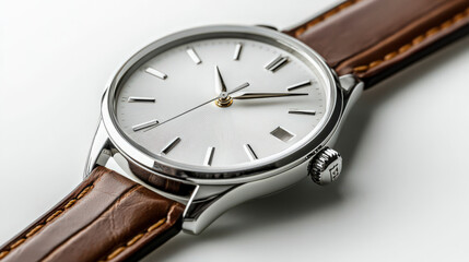 A classic wristwatch with a leather strap lying flat on a smooth white background