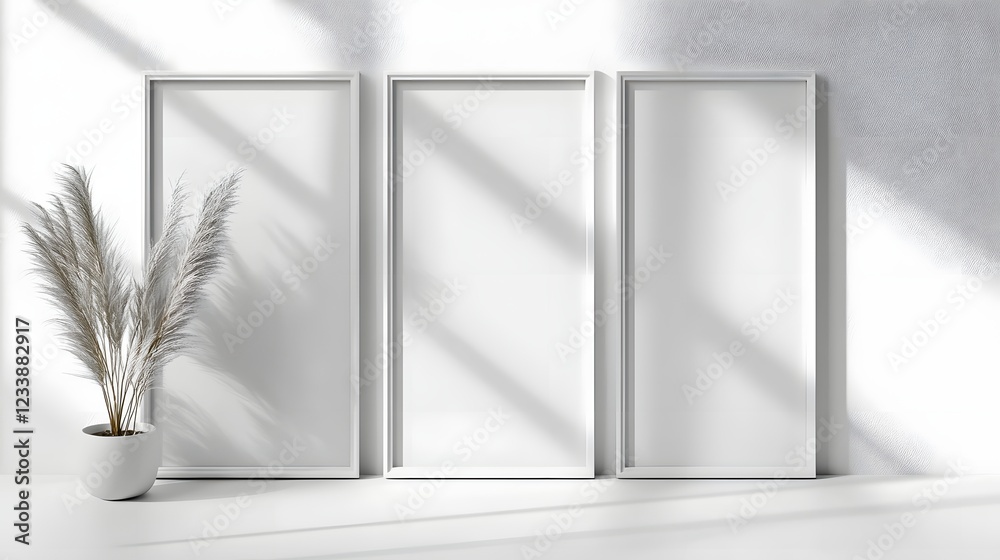Poster elegant and minimalist white frames displayed on a plain white wall with soft shadows cast from natu