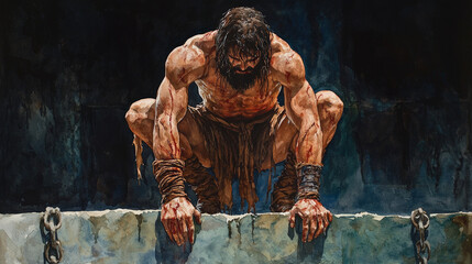 Powerful watercolor imagery of muscular man in chains, expressing struggle and despair