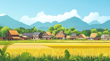 Tranquil Village Scene Amidst Lush Greenery and Mountains