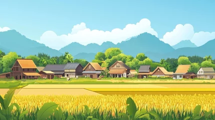 Fototapete Tranquil Village Scene Amidst Lush Greenery and Mountains © chesleatsz