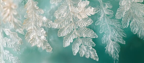 Delicate ice fern patterns on a textured turquoise background with soft lighting and copy space for text placement