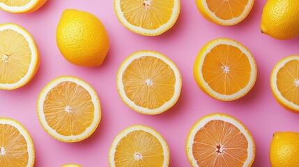 Obraz premium Pink background lemon slices pattern, overhead shot, food blog, vibrant