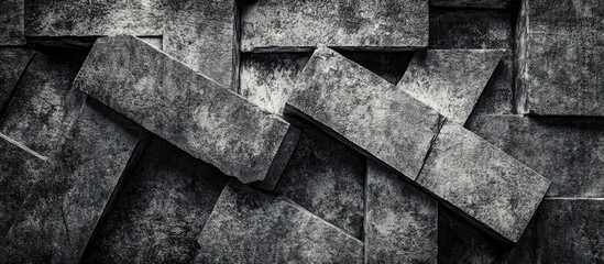 Textured close-up of weathered concrete blocks arranged in a staggered pattern with dark tones and shadows for background use