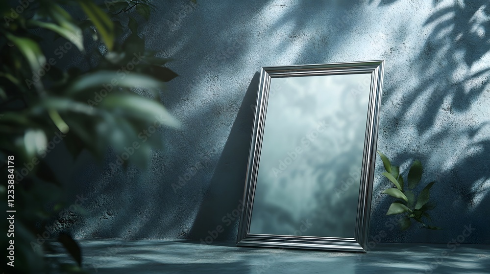Poster Framed mirror reflecting lush green foliage and plants in a serene natural setting with soft ambient lighting creating a peaceful contemporary atmosphere