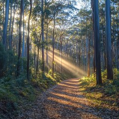 Fototapeta premium Sun rays filtering through tall trees illuminating a forest path in a serene natural setting