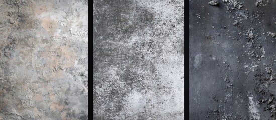 Three textured concrete wall backgrounds showcasing different color variations and surface imperfections, suitable for design needs. Copy Space