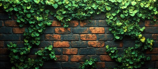 Green ivy climbing on textured red brick wall with natural light shadows and copy space for text placement