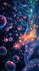 Naklejka premium Microscopic view of cells interacting in vibrant, colorful environment