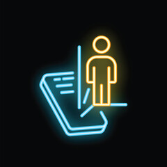 Neon sign depicting a businessman being beamed up by a smartphone, representing concepts like teleportation, digital world, virtual reality and online presence