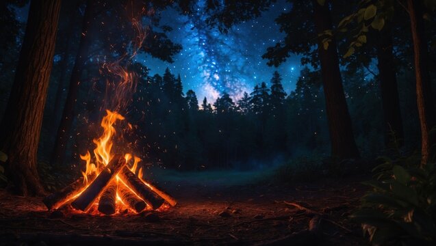 Fototapeta Campfire Under Starry Night Sky in Forest