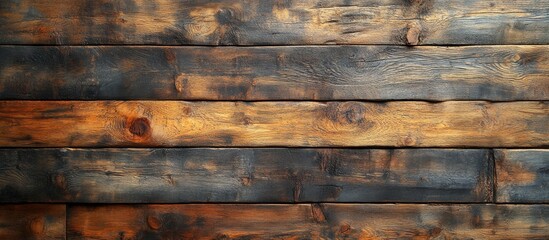 Rustic wooden wall planks with rich brown and black hues suitable for backgrounds and interior design Copy Space