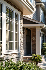 Luxury Home Exterior: Stone Facade, Elegant Windows, and Landscaped Entrance