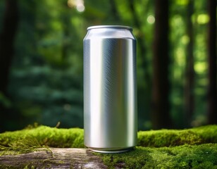 A Polished Metallic Can with a Lush Forest Green Backdrop
