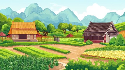 Fototapeta premium Asian Village Houses Amidst Lush Green Rice Terraces and Mountains