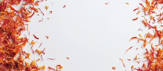 Colorful flower petals arranged on a white background with ample copy space for text placement.