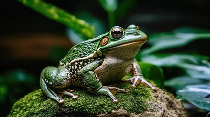 Fototapeta premium Green Frog Sitting on a Mossy Rock Surrounded by Lush Greenery in a Tropical Environment