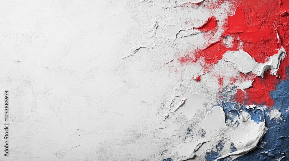 Wall mural abstract textured background with red blue and white paint layers and copy space for text