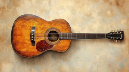 Naklejka premium Classic acoustic guitar with mahogany finish, tan background 