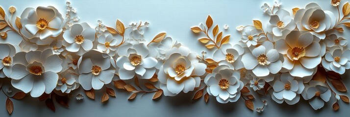 Fototapeta premium Elegant 3D Paper Flower Arrangement: White and Gold Blooms