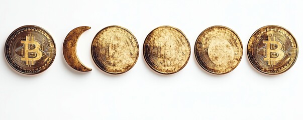 Bitcoin coins arranged in a progressive sequence with a crescent symbol on a plain background showcasing digital currency concepts