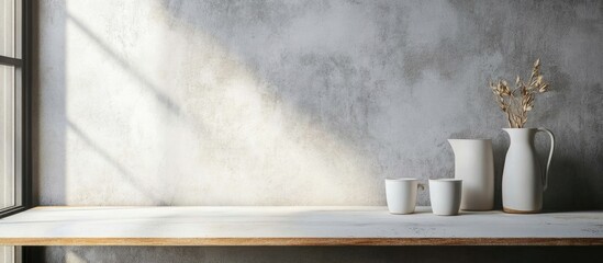 Minimalist interior scene featuring a wooden table with a pitcher, two cups, and dried flowers against a textured wall in natural light Copy Space