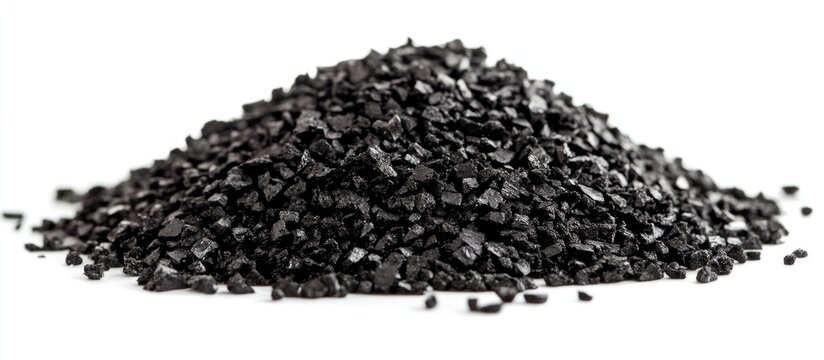Pile of black activated charcoal granules isolated on white background