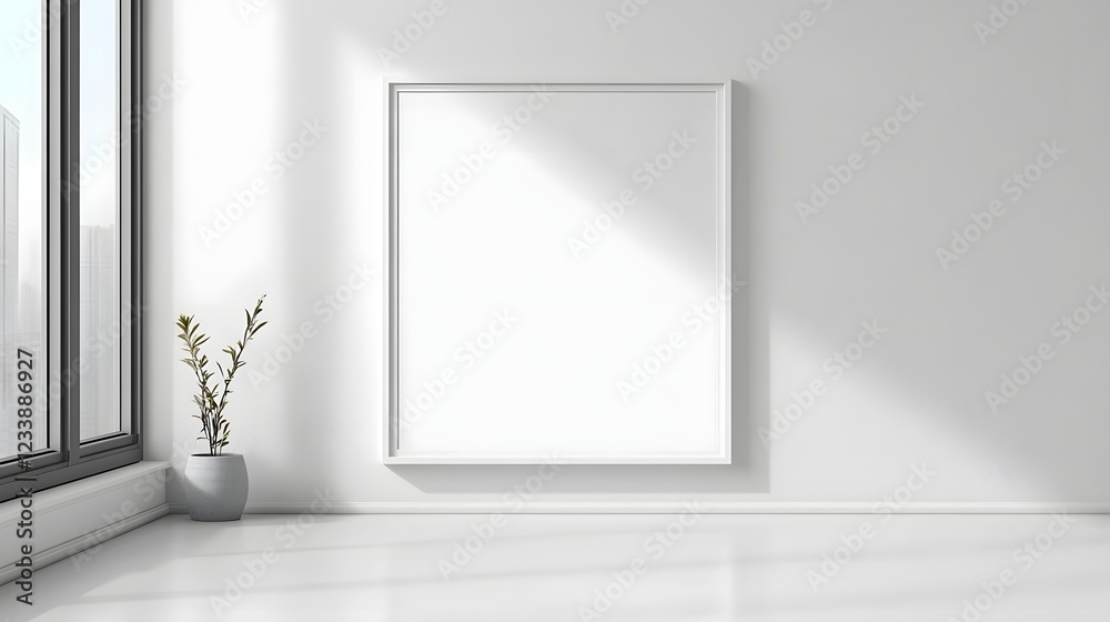 Poster minimalist and modern interior design with large windows letting in bright natural light clean empty