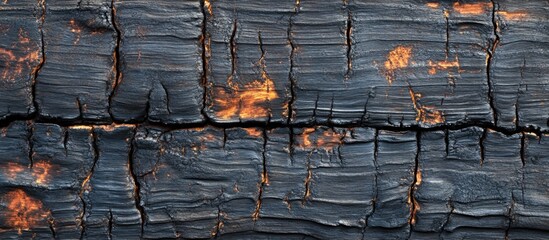 Burnt wood texture with cracks and charred surface details featuring a dark color palette and highlights of orange ash. Copy Space.