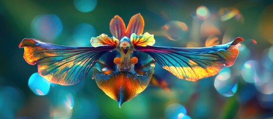 Colorful butterfly in mid-flight with vibrant wings and blurred bokeh background, Copy Space available for text.