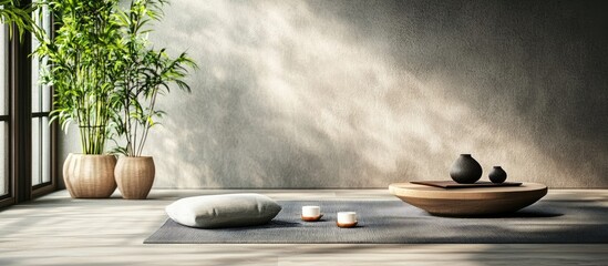 Zen Meditation Space with Gym Mat Plants and Decor for Relaxation and Mindfulness Empty Area for Text Placement