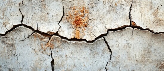 Obraz premium Textured cracked wall with peeling paint and rust spots in shades of blue and gray ideal for background use Copy Space