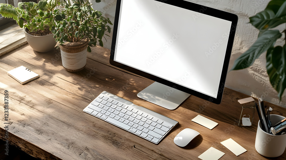 Aufkleber minimalist and organized home office workspace with laptop computer keyboard mouse notepad pen and p