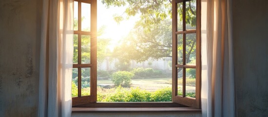 Fototapeta premium Sunlit window with open wooden shutters overlooking a green garden scene with trees and sunlight shining through, Copy Space