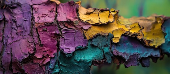 Naklejka premium Colorful bark texture of a tree with vibrant hues of purple, gold, and teal showcasing nature's artistry Copy Space