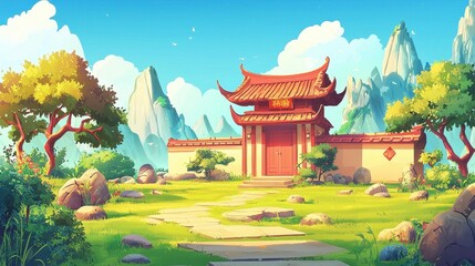 Obraz premium Serene Asian Garden Gate With Majestic Mountains