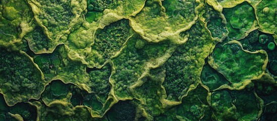 Microscopic view of green algae cells with textured patterns and organic shapes ideal for scientific backgrounds or educational materials Copy Space