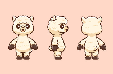 Cute Llama Alpaca With Front, Side And Back View Cartoon Vector Icon 
Illustration. Animal Nature Icon Concept Isolated Premium Vector. Flat 
Cartoon Style 