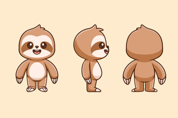 Cute Sloth With Front, Side And Back View Cartoon Vector Icon 
Illustration. Animal Nature Icon Concept Isolated Premium Vector. Flat 
Cartoon Style 