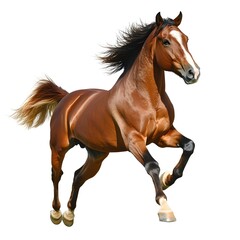 Obraz premium A beautiful brown horse rearing up against a white background, a hyper-realistic photography in high resolution. 