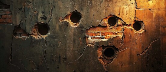 Textured wall with holes revealing brick beneath, warm lighting highlighting the surface imperfections, Copy Space available.