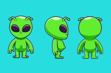 Cute Alien With Front, Side And Back View Cartoon Vector Icon 
Illustration. Science Technology Icon Concept Isolated Premium Vector. 
Flat Cartoon Style