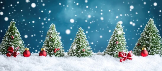 Obraz premium Christmas decorations with artificial snow-covered trees and ornaments on a blue background with falling snow Copy Space