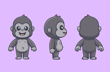 Cute Gorilla With Front, Side And Back View Cartoon Vector Icon 
Illustration. Animal Nature Icon Concept Isolated Premium Vector. Flat 
Cartoon Style