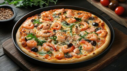 Gourmet seafood pizza featuring shrimp, salmon, arugula, and olives in a frying pan on a rustic wooden table Healthy eating concept